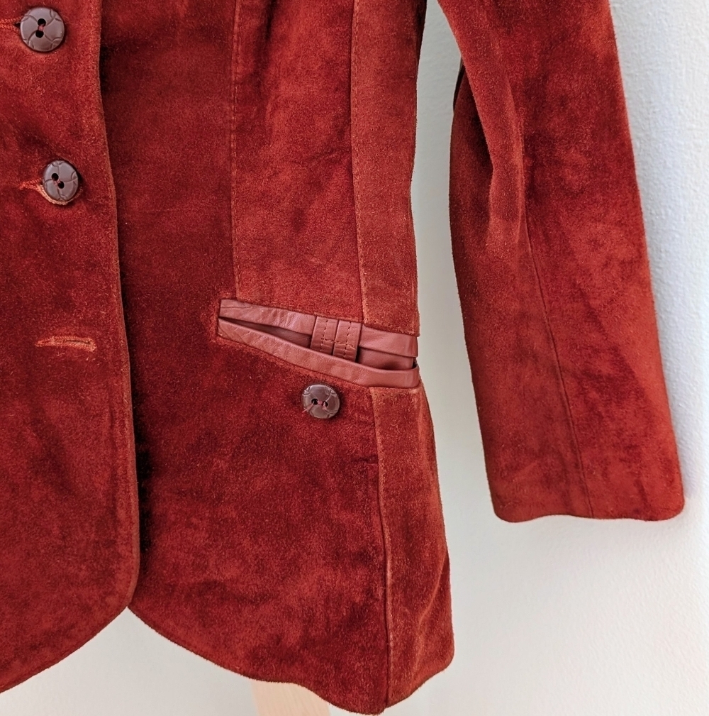 Vintage Authentic Leather Suede Collared Button Down Blazer In Rust/Burnt Orange - Picture 4 of 9